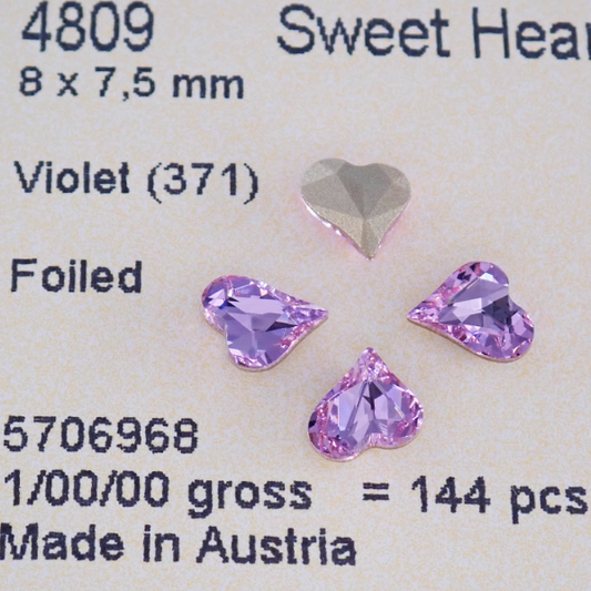 Swarovski 4809 crystal Sweet heart Fancy Stone 371 Violet（8x7.5mm）