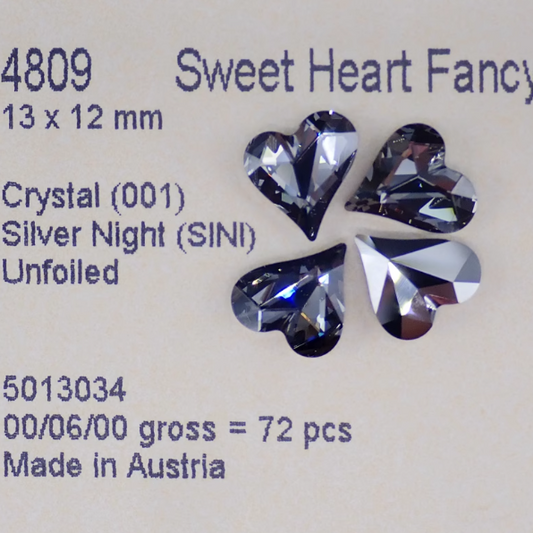 Swarovski 4809 crystal Sweet heart Fancy Stone Crystal Silver Night（13x12mm）